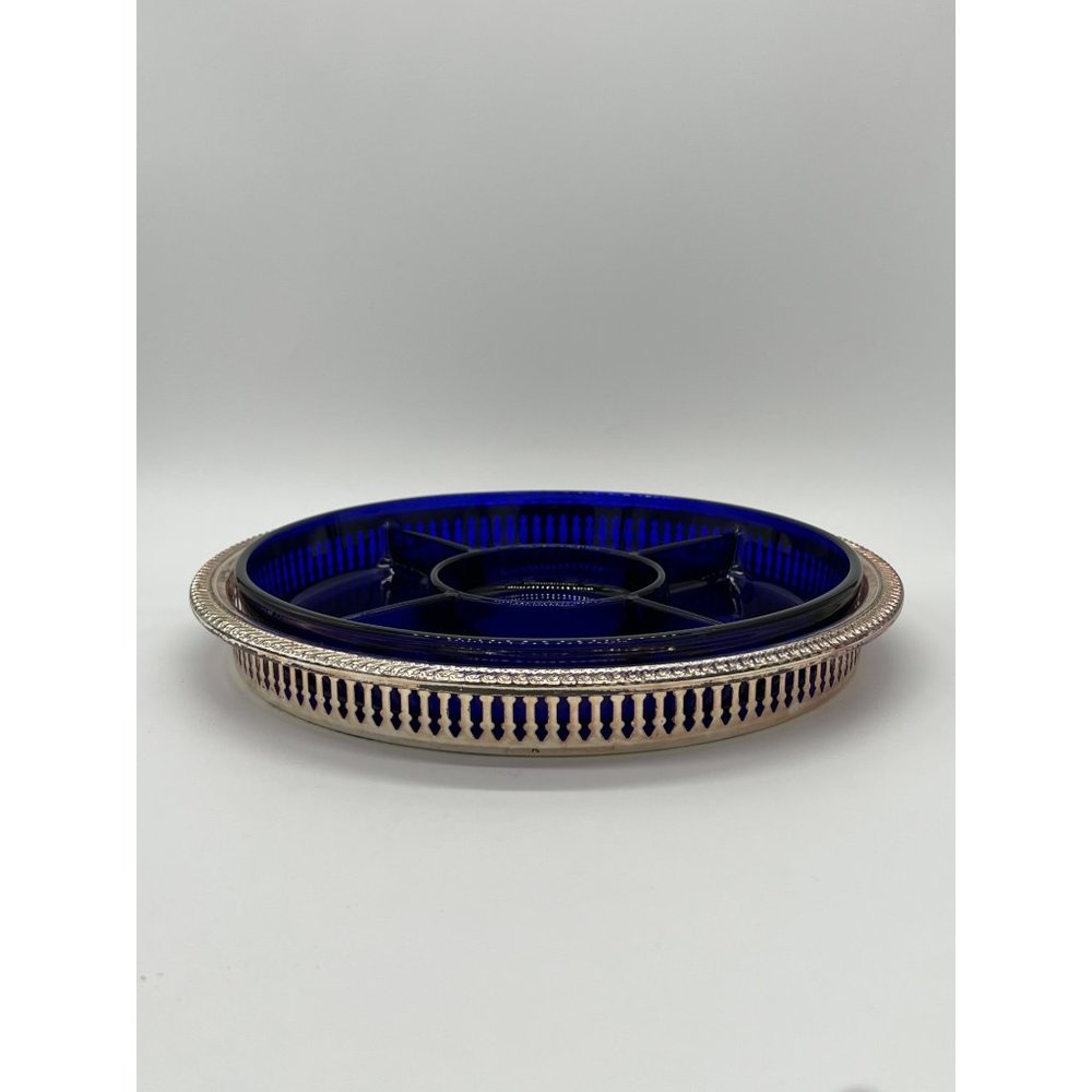 Vintage Cobalt Blue Divided Appetizer/Veggie/Dip Tray on Silver Color Platter - Picture 1 of 8